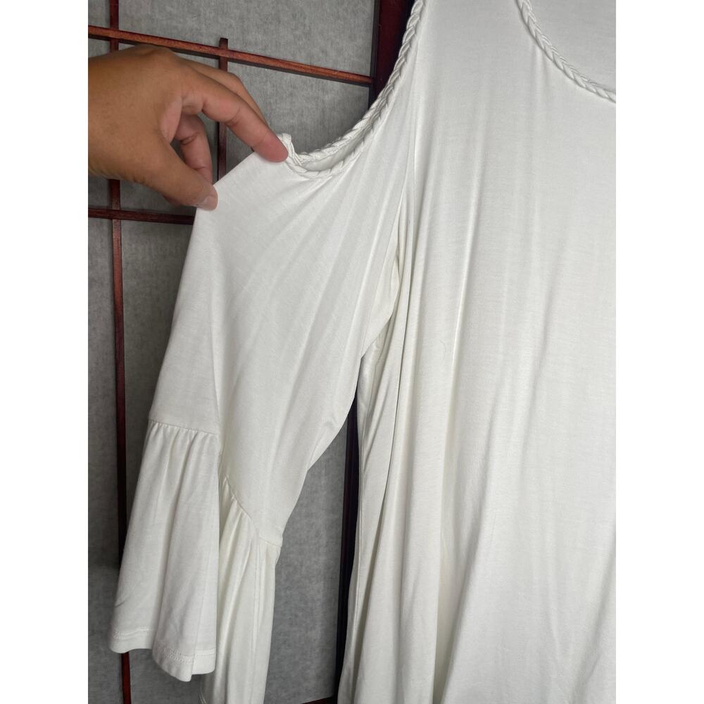UGC Chico's White Cold Shoulder Bell Sleeve Blouse Braided Trim Boho Flowy Top L - Picture 6 of 9